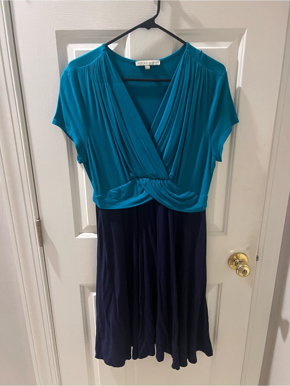 Maternity Teal and Navy Wrap-Top Midi Dress